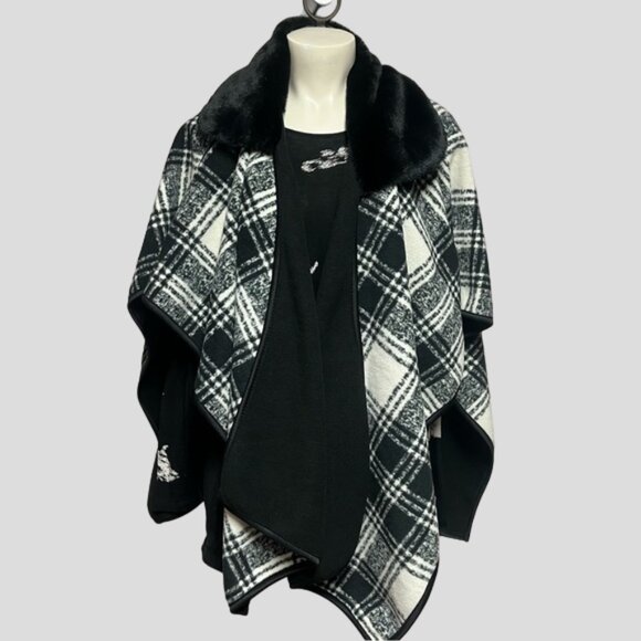 NWT Marina Luna Black & White Check Cape Faux Fur Collar - Picture 1 of 9